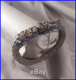 Antique Chinese Silver Enamel Mesh Filigree Double Dragon Bracelet Amethyst Eyes