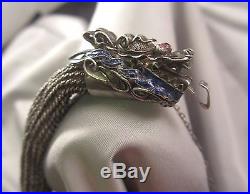 Antique Chinese Silver Enamel Mesh Filigree Double Dragon Bracelet Amethyst Eyes