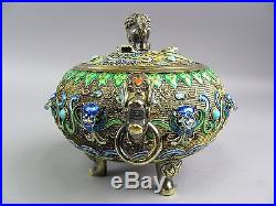 Antique Chinese Silver Filigree and Enamel Foo Dog Finial Dragon Motif 15.5 Ozt