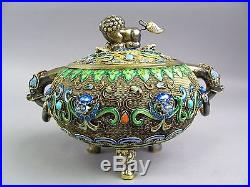 Antique Chinese Silver Filigree and Enamel Foo Dog Finial Dragon Motif 15.5 Ozt