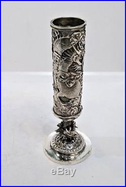 Antique Chinese Silver Footed Vase, Dragon/tiger, Cum Wo, Hong Kong C. 1890