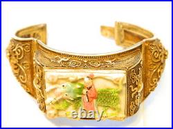 Antique Chinese Silver Gilt Filigree Carved Dragon Cuff Bracelet 7 in