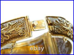 Antique Chinese Silver Gilt Filigree Carved Dragon Cuff Bracelet 7 in