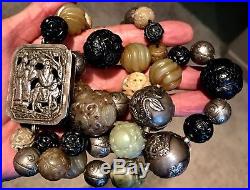 Antique Chinese Silver Hand Carved Multi Stone Shou Bead Necklace Dragons