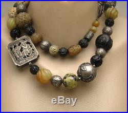Antique Chinese Silver Hand Carved Multi Stone Shou Bead Necklace Dragons