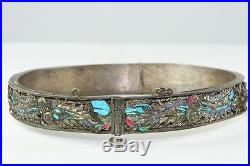 Antique Chinese Silver Kingfisher Feather Dragon Bracelet