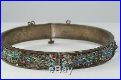 Antique Chinese Silver Kingfisher Feather Dragon Bracelet