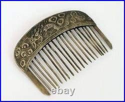 Antique Chinese Silver Ornate Dragon Repousse Hair Comb Accessory Small 2 Long