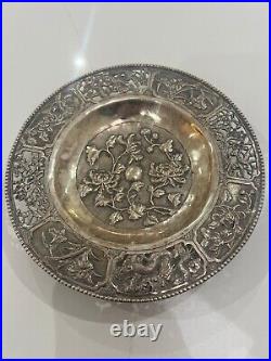 Antique Chinese Silver Peirced Footed Dish Signed Dragons, Birds & Flowers