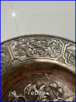 Antique Chinese Silver Peirced Footed Dish Signed Dragons, Birds & Flowers