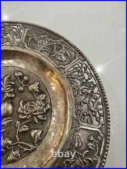 Antique Chinese Silver Peirced Footed Dish Signed Dragons, Birds & Flowers