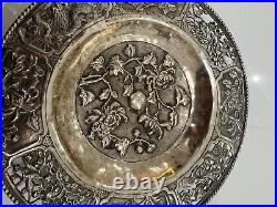 Antique Chinese Silver Peirced Footed Dish Signed Dragons, Birds & Flowers