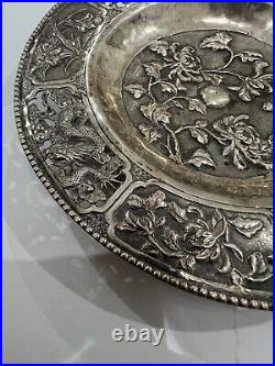 Antique Chinese Silver Peirced Footed Dish Signed Dragons, Birds & Flowers