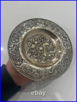 Antique Chinese Silver Peirced Footed Dish Signed Dragons, Birds & Flowers