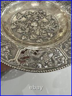 Antique Chinese Silver Peirced Footed Dish Signed Dragons, Birds & Flowers