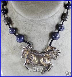 Antique Chinese Silver Repousse Dragon Horse Longma Pendant Necklace w Beads