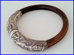 Antique Chinese Silver Repousse Dragon Rattan Bamboo Bangle Bracelet Signed