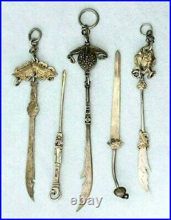 Antique Chinese Silver Smoking Tools Pick Dragon Sword Chatelaine Implements LOT