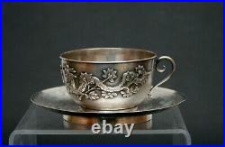 Antique Chinese Silver Tea Cup & Saucer Good Luck Fortune Dragons
