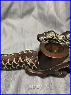 Antique Chinese Smoking Pipe Hand Carved Wood Oriental Dragon Head Tobacco