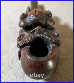 Antique Chinese Smoking Pipe Hand Carved Wood Oriental Dragon Head Tobacco