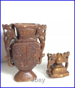 Antique Chinese Soapstone Archaic Vase & Lid Dragon Handles