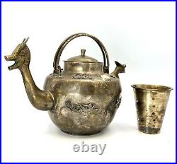 Antique Chinese Solid Brass Dragon Teapot Kettle With Infuser Rare Dynasty Decor