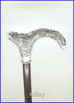 Antique Chinese Solid Silver Dragon Walking Cane by Wang Hing C. 1890 Oriental