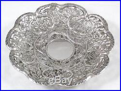 Antique Chinese Solid Silver Pierced Dragon Decorated Dish by Cumwo circa 1880