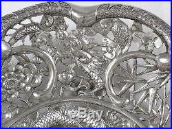 Antique Chinese Solid Silver Pierced Dragon Decorated Dish by Cumwo circa 1880