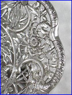 Antique Chinese Solid Silver Pierced Dragon Decorated Dish by Cumwo circa 1880