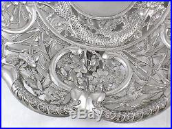 Antique Chinese Solid Silver Pierced Dragon Decorated Dish by Cumwo circa 1880