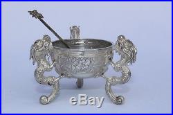 Antique Chinese Solid Sterling Silver Open Salt / Snuff Bowl & Spoon DRAGON #2