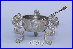 Antique Chinese Solid Sterling Silver Open Salt / Snuff Bowl & Spoon DRAGON #2