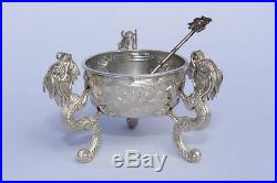 Antique Chinese Solid Sterling Silver Open Salt / Snuff Bowl & Spoon DRAGON dsn