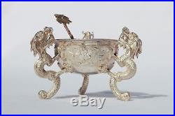 Antique Chinese Solid Sterling Silver Open Salt / Snuff Bowl & Spoon DRAGON dsn