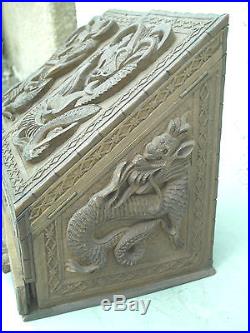 Antique Chinese Stationery Box Wooden Carved Dragon, Presentation Military