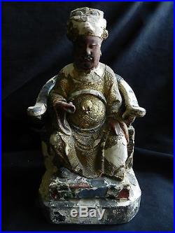 Antique Chinese Statue Ming Dynasty Emperor Gold Dragon Wood CarvedTemple Figure