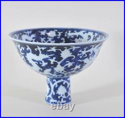Antique Chinese Stem Cup, Blue and White painted Dragons, 18th century