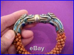 Antique Chinese Sterling Enamel Coral Dragon Bangle Bracelet NR