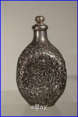 Antique Chinese Sterling SIlver Bamboo Dragon Overlay Glass Bottle Hallmarks