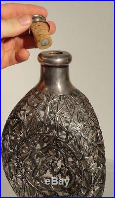 Antique Chinese Sterling SIlver Bamboo Dragon Overlay Glass Bottle Hallmarks