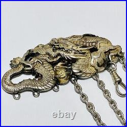 Antique Chinese Sterling Silver 73mm Dragon Chatelaine Belt Chain Fob 41.3g