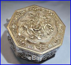 Antique Chinese Sterling Silver Dragon Bamboo Repousse Octagonal Box Circa 1900