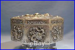Antique Chinese Sterling Silver Dragon Bamboo Repousse Octagonal Box Circa 1900