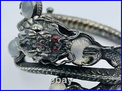 Antique Chinese Sterling Silver Dragon Moonstone Cabochons Bangle Bracelet