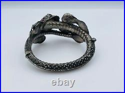 Antique Chinese Sterling Silver Dragon Moonstone Cabochons Bangle Bracelet