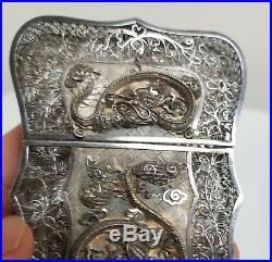 Antique Chinese Sterling Silver Filigree Card Case Dragon Phoenix