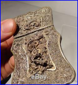 Antique Chinese Sterling Silver Filigree Small Card Case Dragon Phoenix As Is
