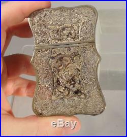 Antique Chinese Sterling Silver Filigree Small Card Case Dragon Phoenix As Is